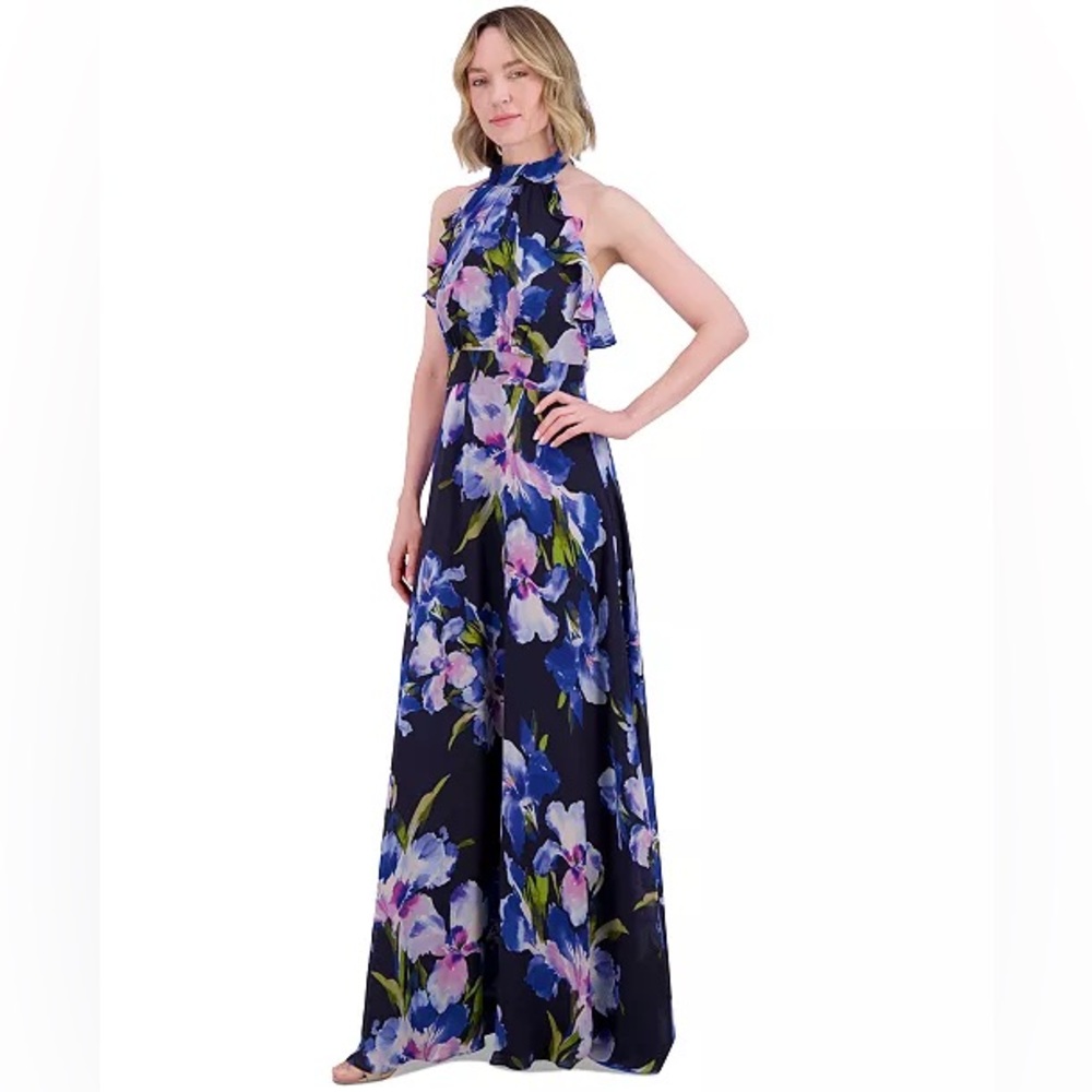 Eliza J Floral Chiffon Ruffled Halter Maxi Dress - Picture 2 of 7